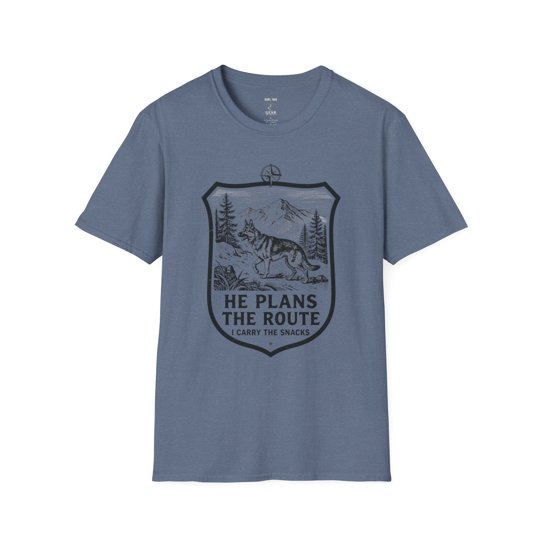 Dog Hiking T-Shirt — "He Plans the Route" Outdoor Adventure Tee