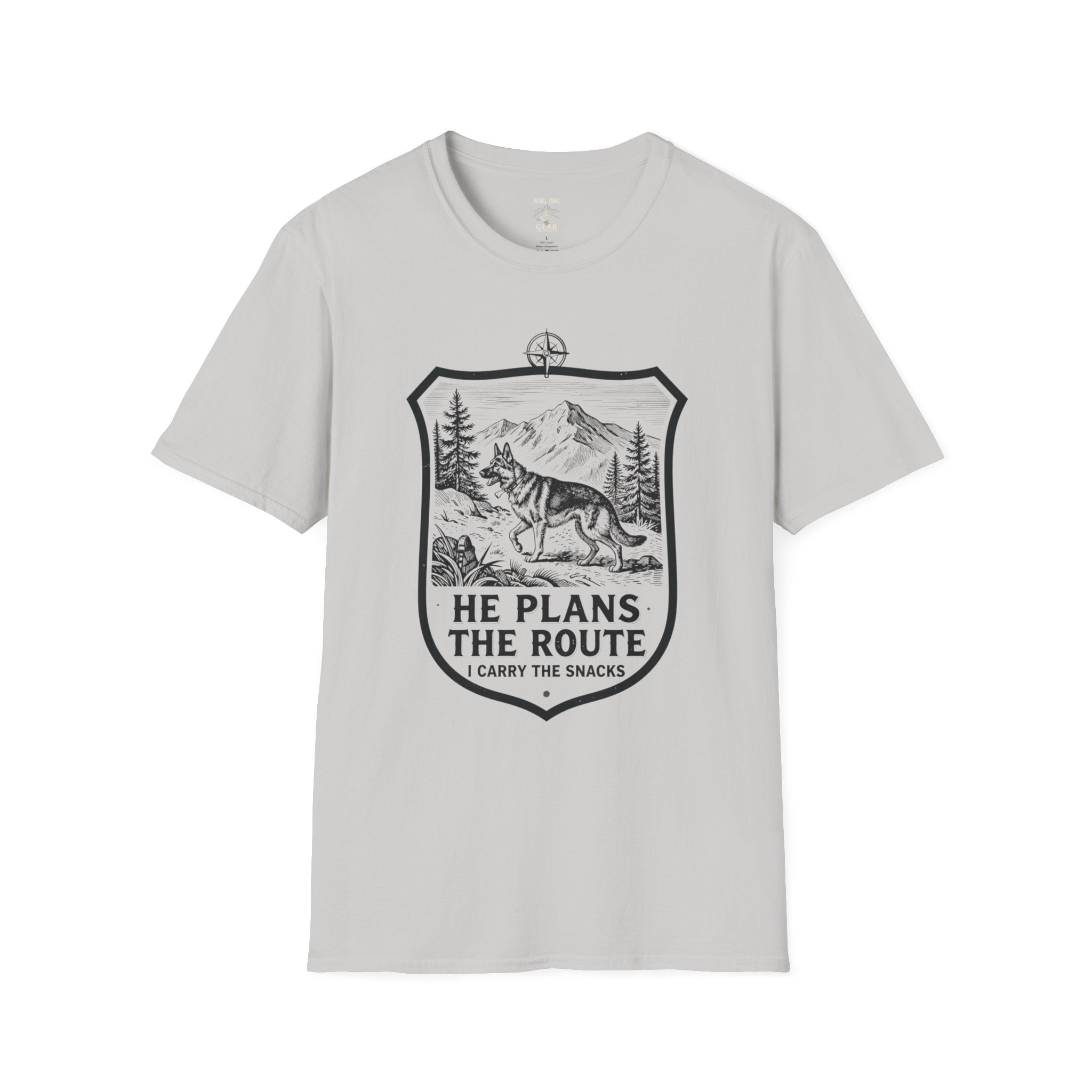 Dog Hiking T-Shirt — "He Plans the Route" Outdoor Adventure Tee