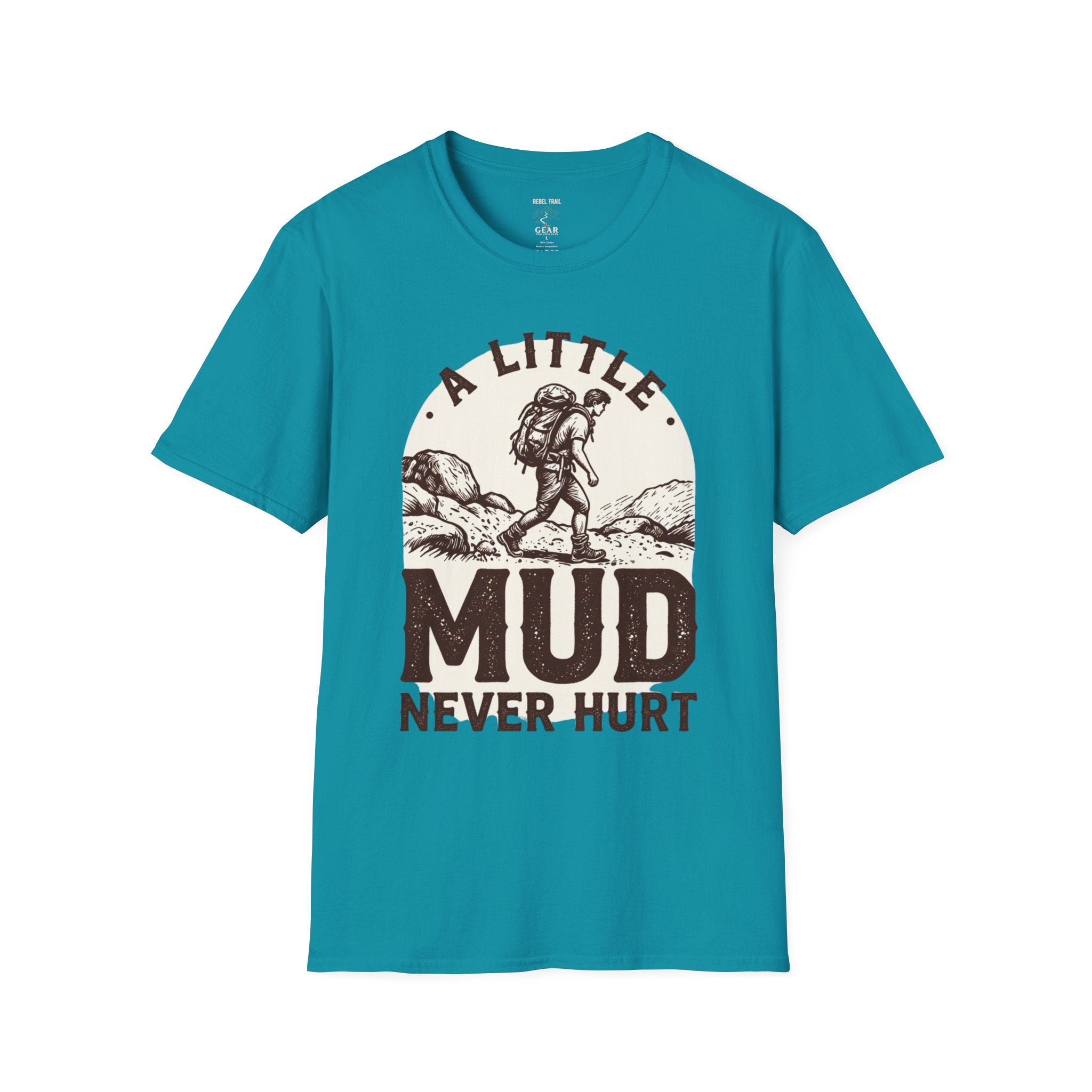 Hiking T-Shirt — "A Little Mud Never Hurt" Vintage Backpacker Tee