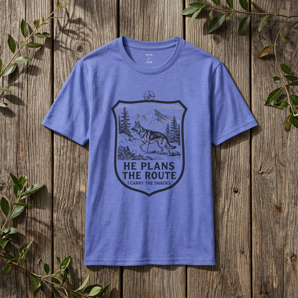 Dog Hiking T-Shirt — "He Plans the Route" Outdoor Adventure Tee