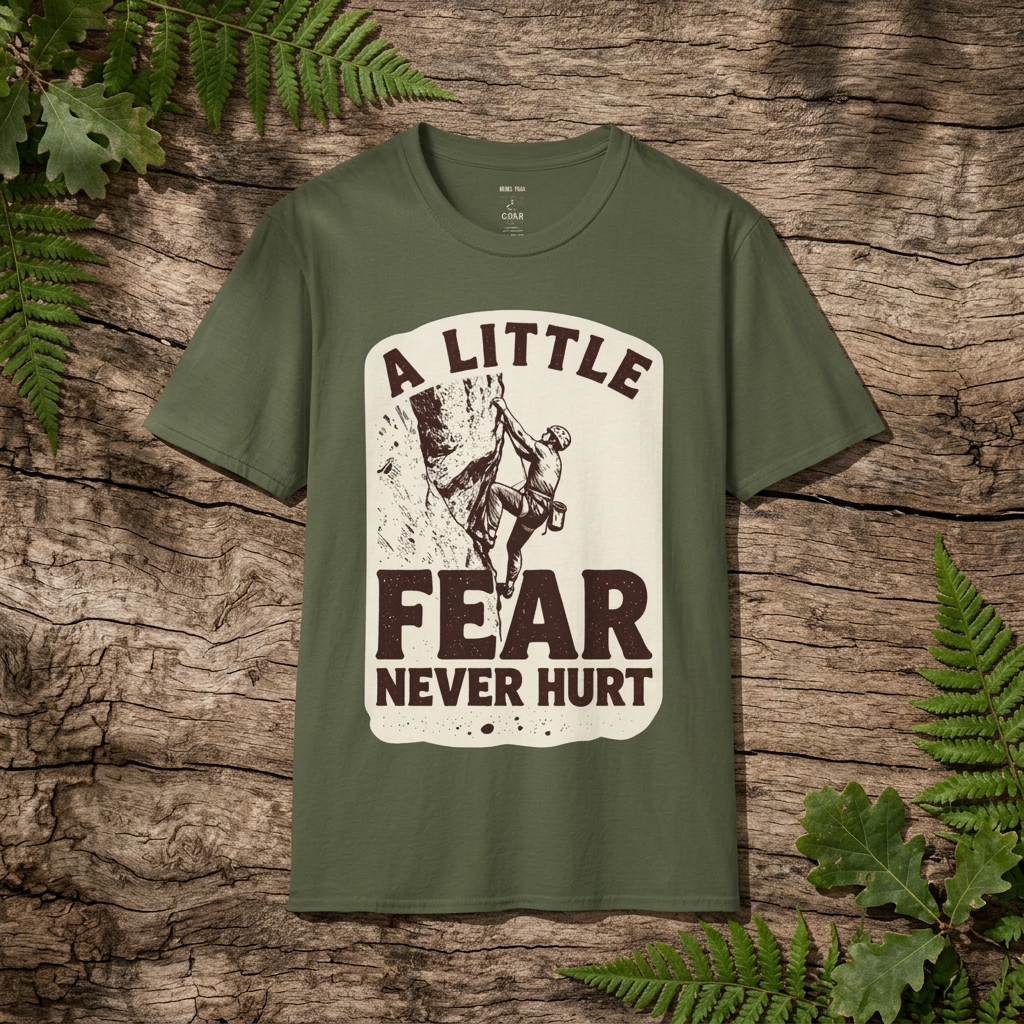 Climbing T-Shirt — "A Little Fear Never Hurt" Vintage Rock Climber Tee