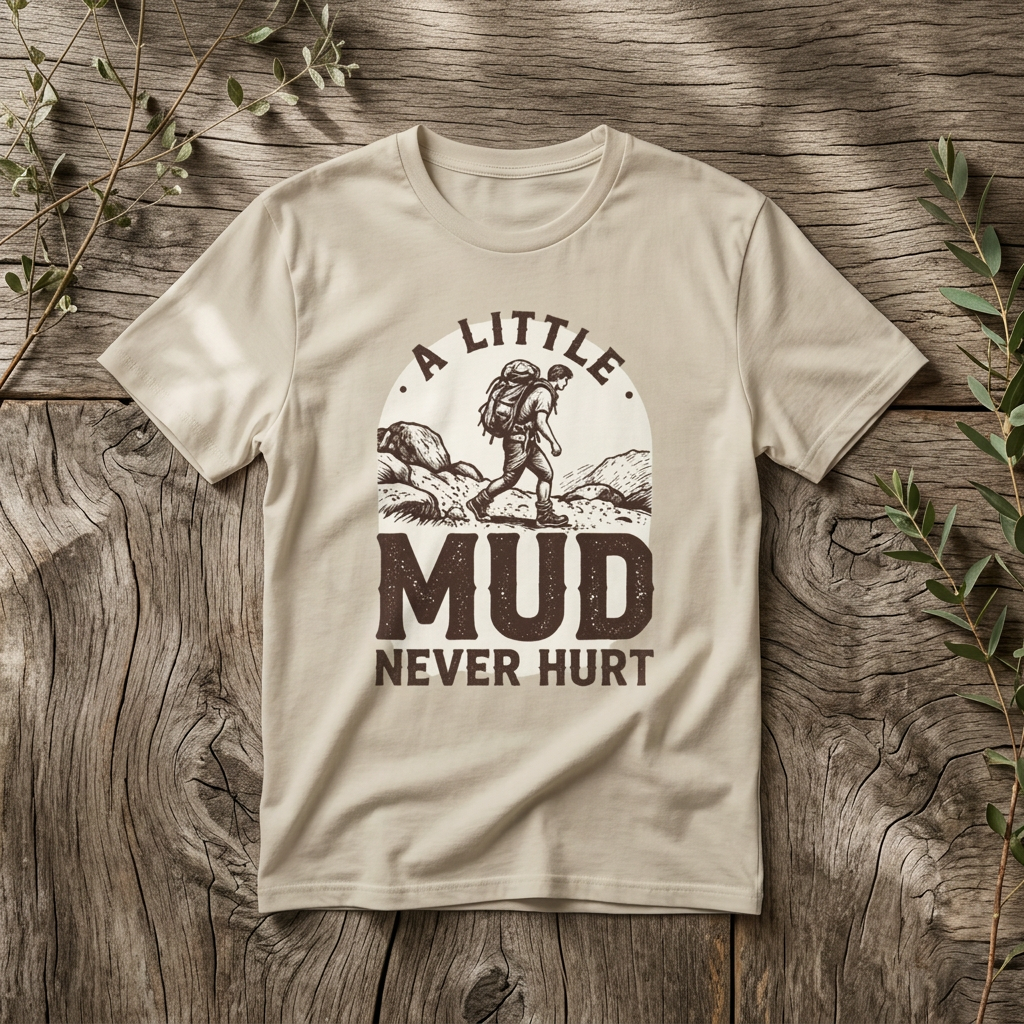 Hiking T-Shirt — "A Little Mud Never Hurt" Vintage Backpacker Tee