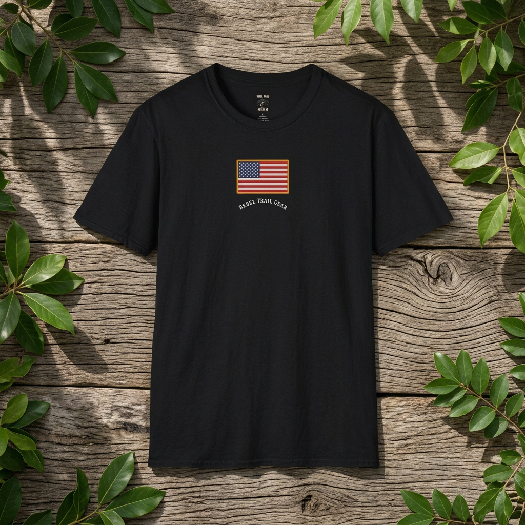 American Flag T‑Shirt — 'Rebel Trail Gear' Vintage Stars & Stripes Tee
