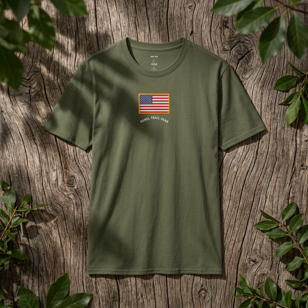 American Flag T‑Shirt — 'Rebel Trail Gear' Vintage Stars & Stripes Tee