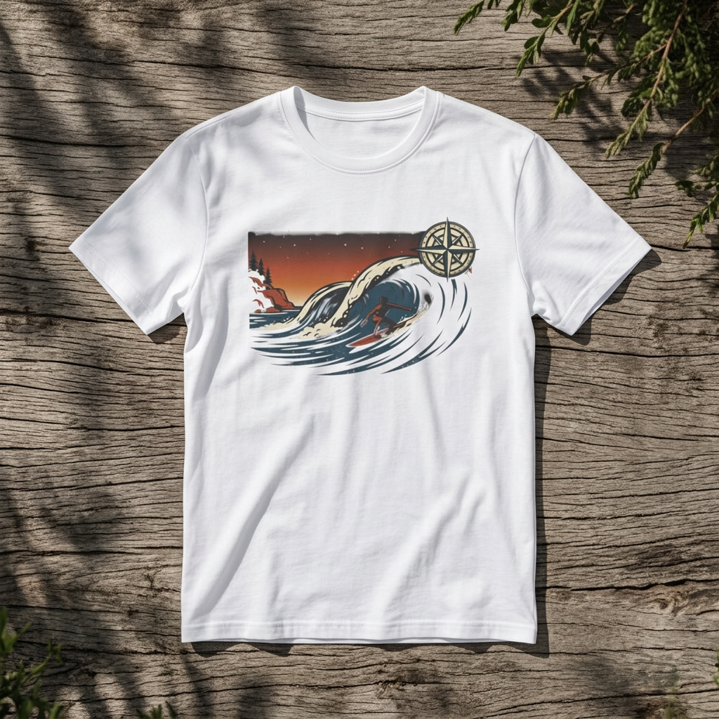 Waves & Compass Surf T-Shirt — Vintage Ocean Sunset Tee