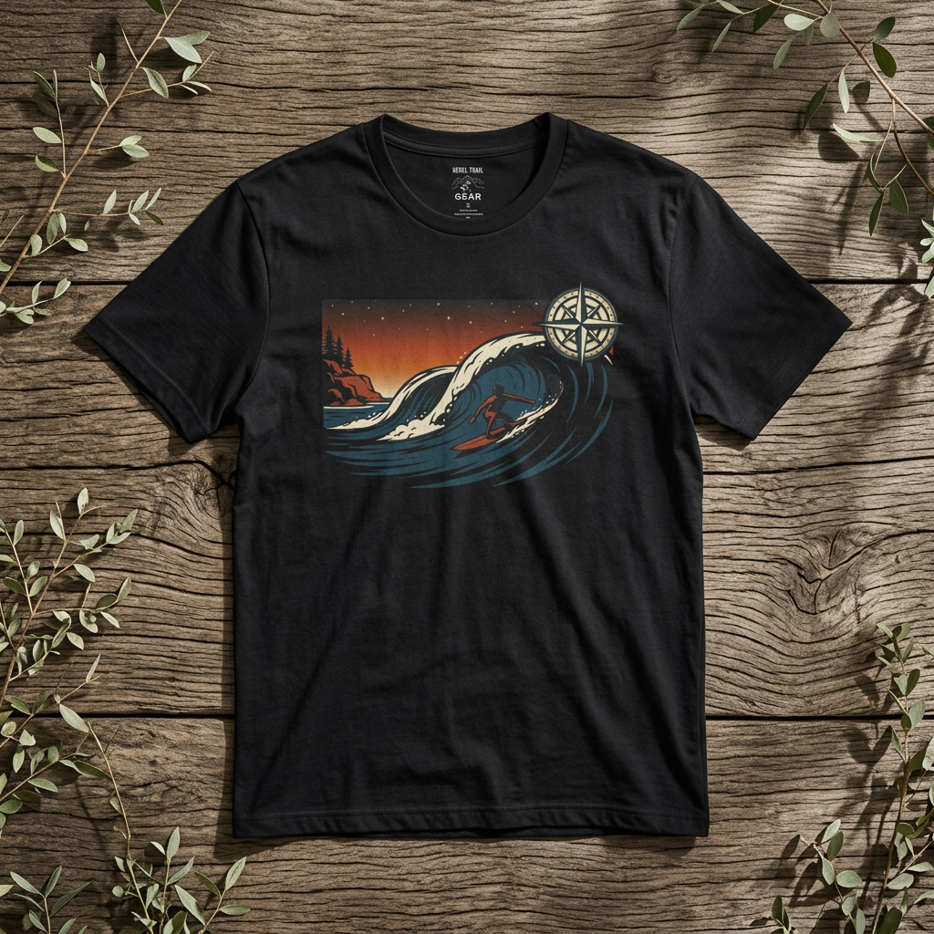 Waves & Compass Surf T-Shirt — Vintage Ocean Sunset Tee