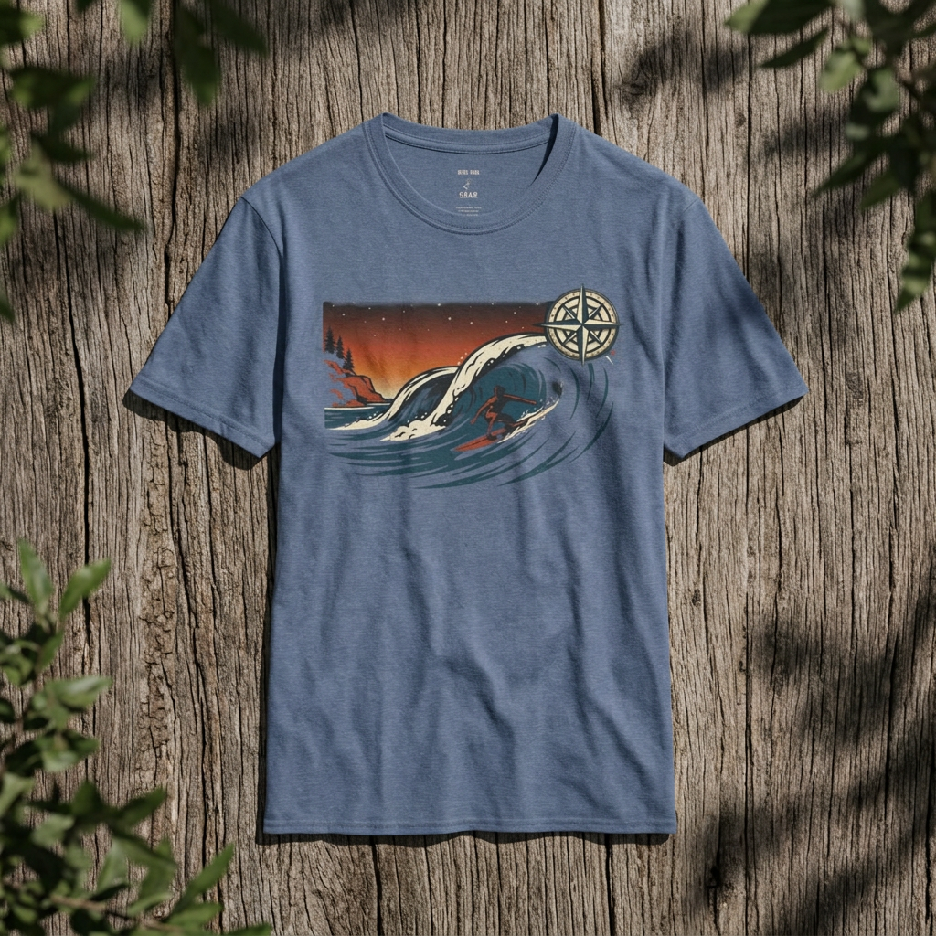 Waves & Compass Surf T-Shirt — Vintage Ocean Sunset Tee