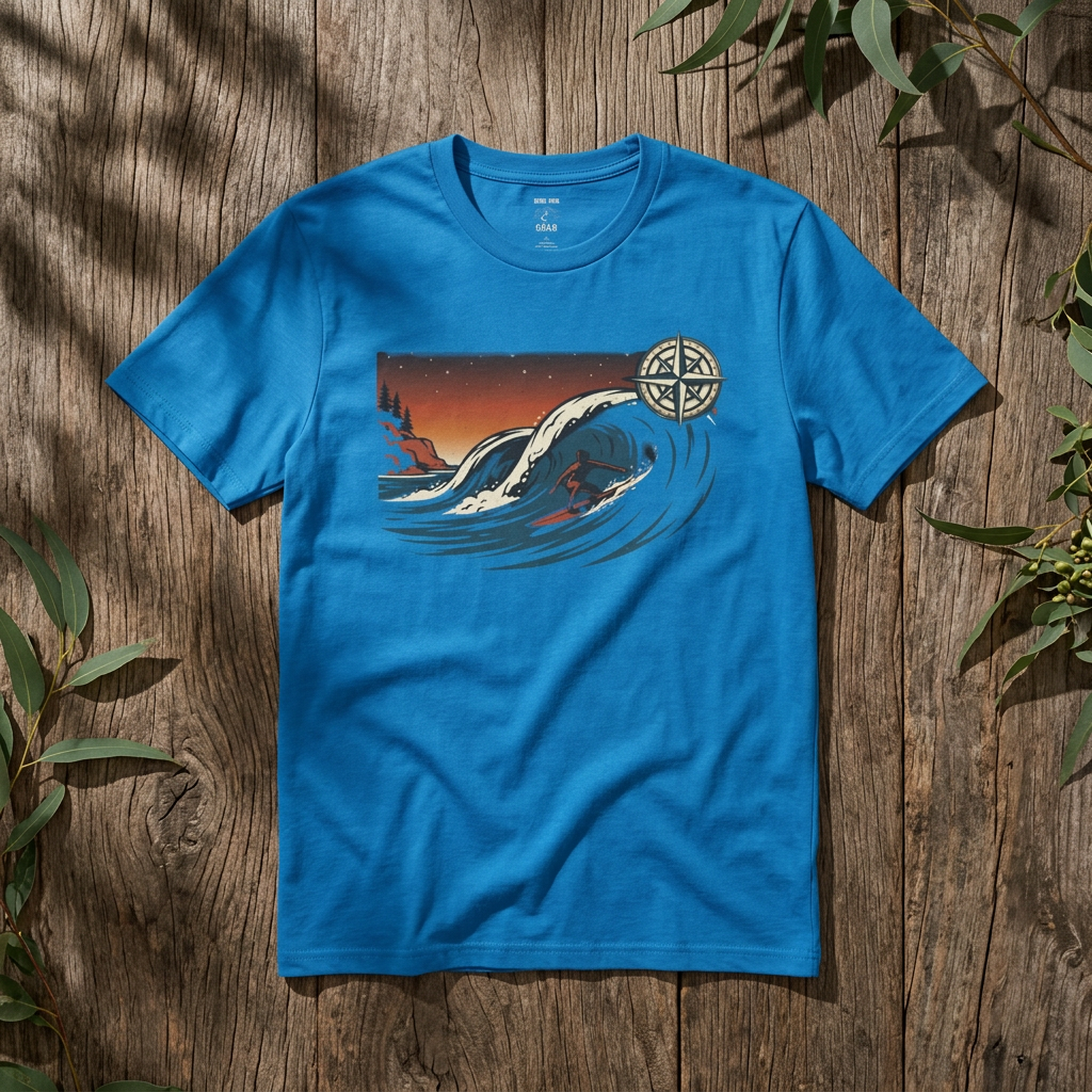 Waves & Compass Surf T-Shirt — Vintage Ocean Sunset Tee
