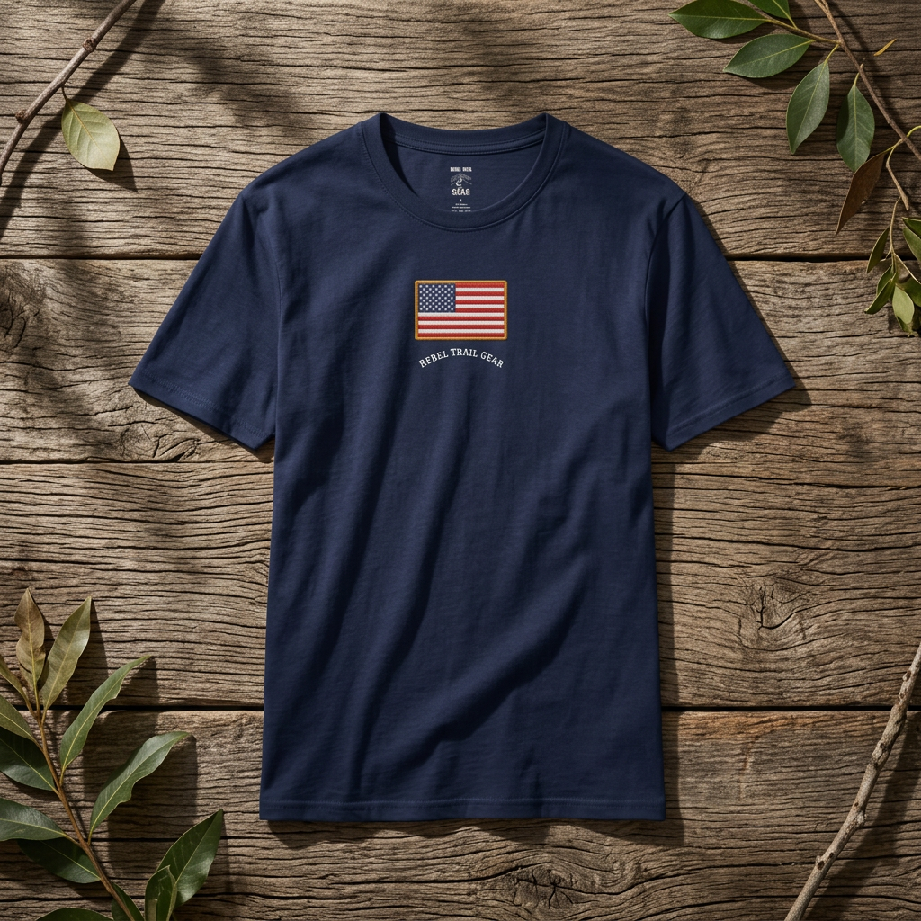 American Flag T‑Shirt — 'Rebel Trail Gear' Vintage Stars & Stripes Tee