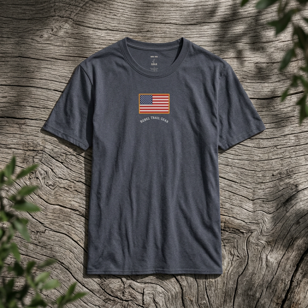 American Flag T‑Shirt — 'Rebel Trail Gear' Vintage Stars & Stripes Tee