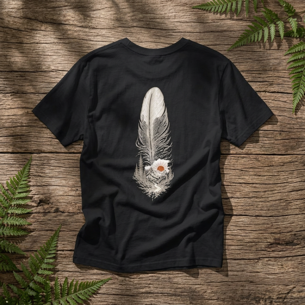 Feather & Mountains Shirt — Minimalist Boho Nature Tee, Front & Back Print - Rebel Trail Gear T-Shirt