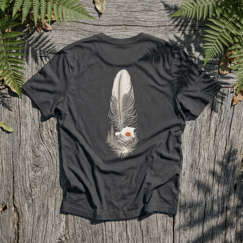 Feather & Mountains Shirt — Minimalist Boho Nature Tee, Front & Back Print - Rebel Trail Gear T-Shirt