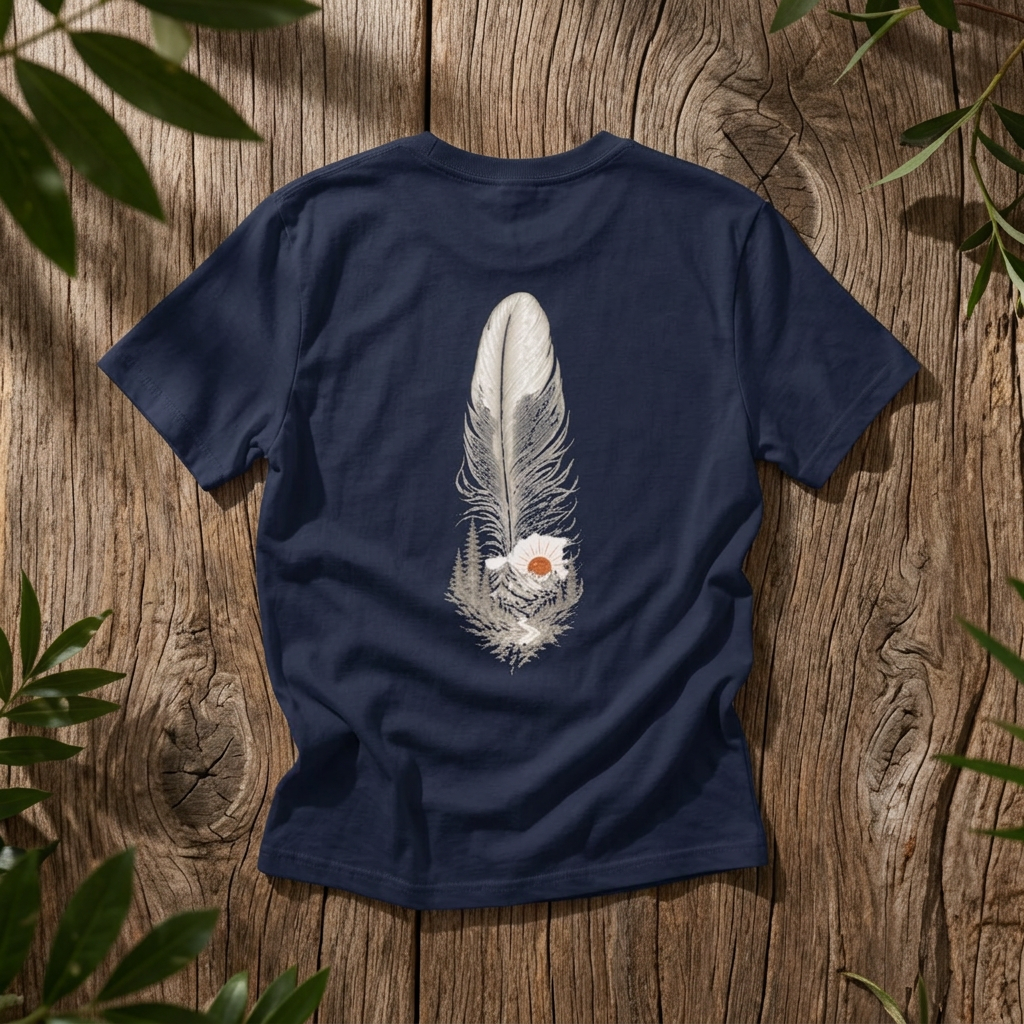 Feather & Mountains Shirt — Minimalist Boho Nature Tee, Front & Back Print - Rebel Trail Gear T-Shirt