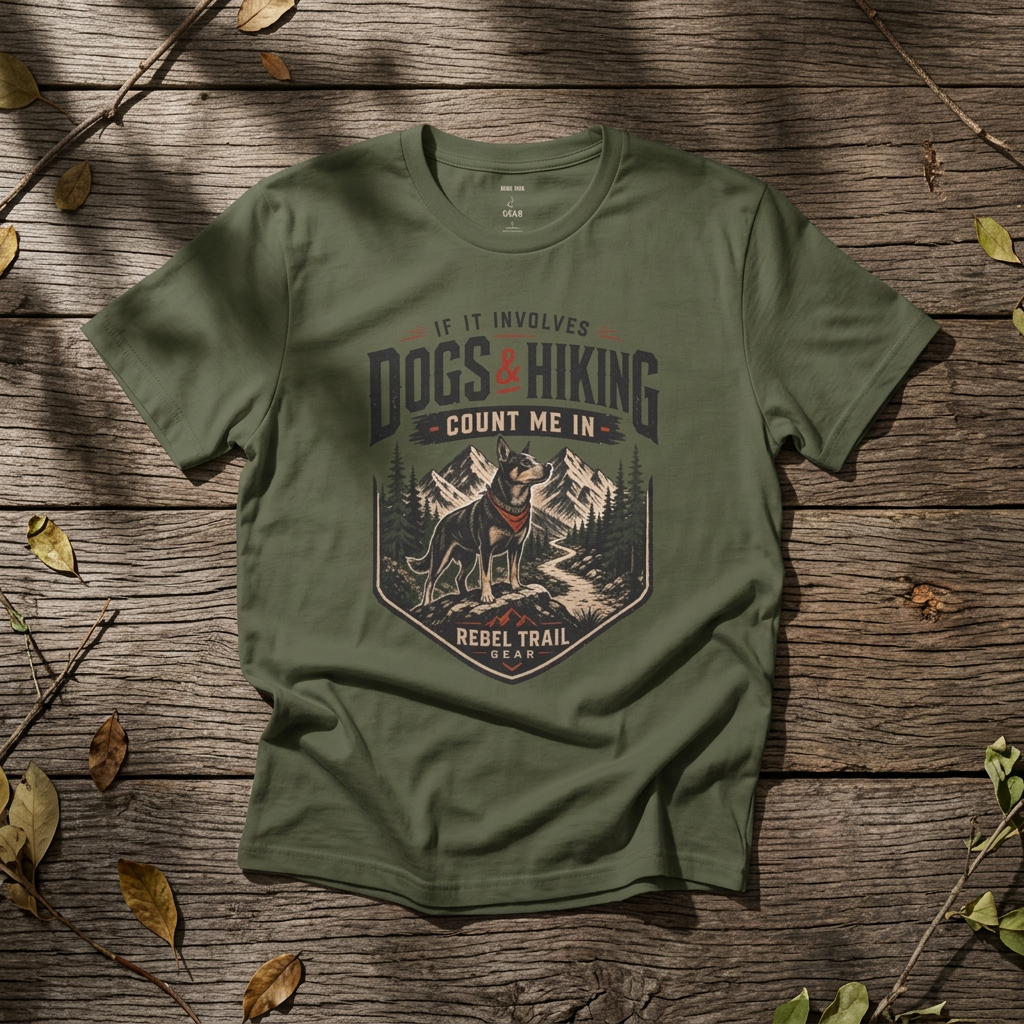 “If It Involves Dogs & Hiking Count Me In” Outdoor Adventure - Rebel Trail Gear T-Shirt