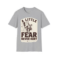 Climbing T-Shirt — "A Little Fear Never Hurt" Vintage Rock Climber Tee