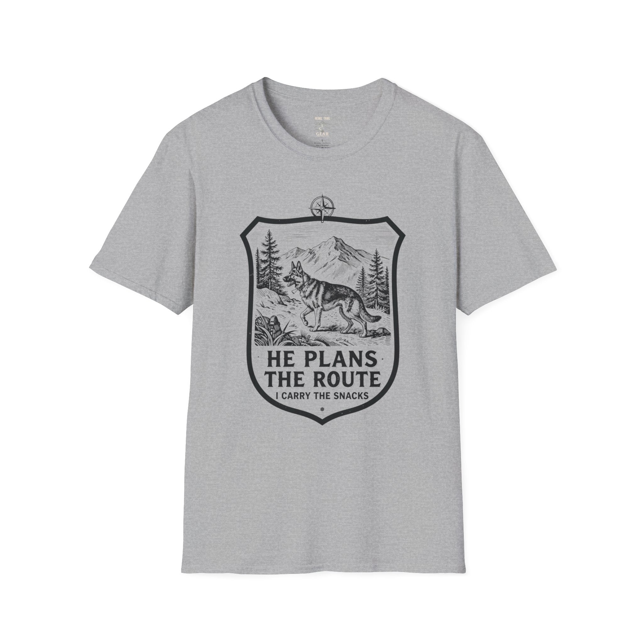 Dog Hiking T-Shirt — "He Plans the Route" Outdoor Adventure Tee
