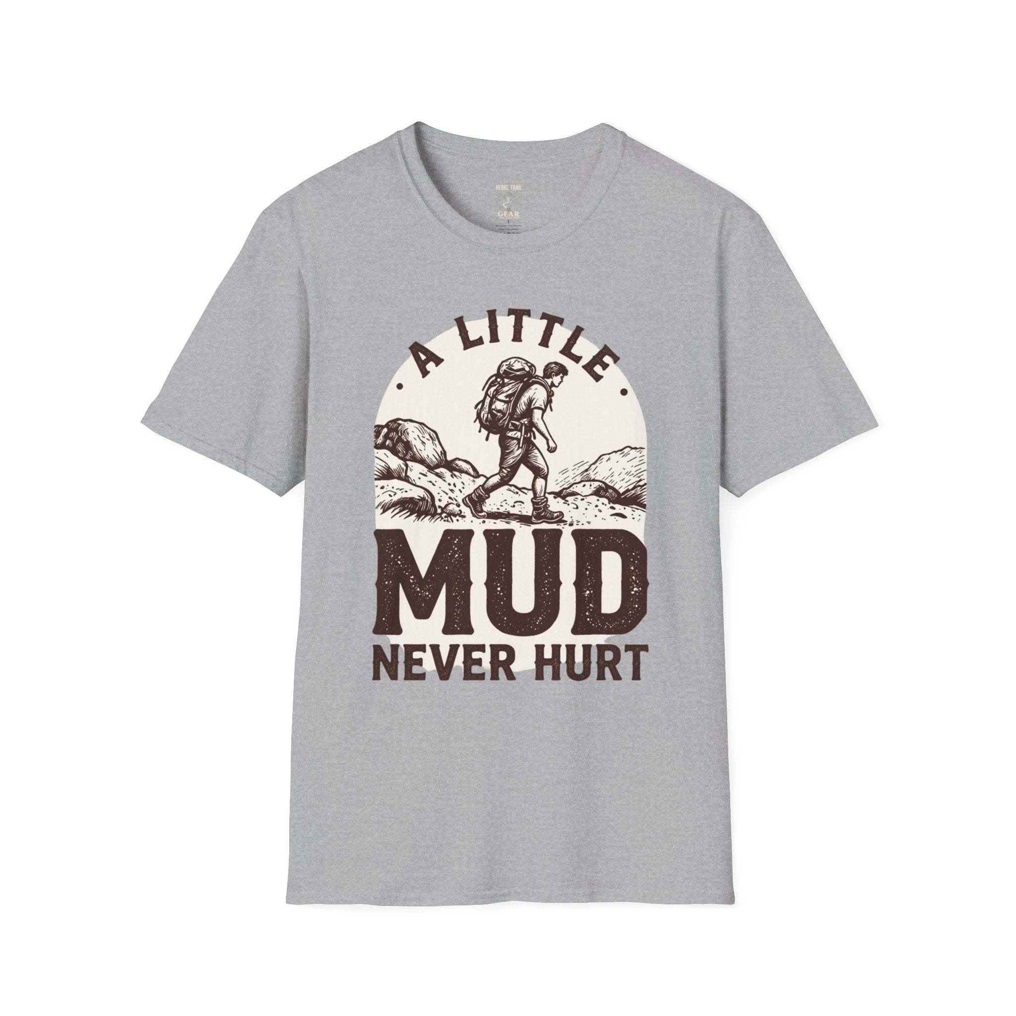 Hiking T-Shirt — "A Little Mud Never Hurt" Vintage Backpacker Tee