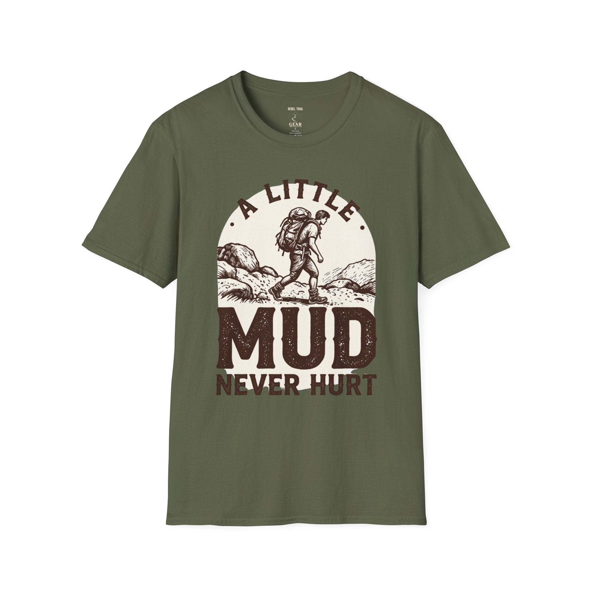 Hiking T-Shirt — "A Little Mud Never Hurt" Vintage Backpacker Tee